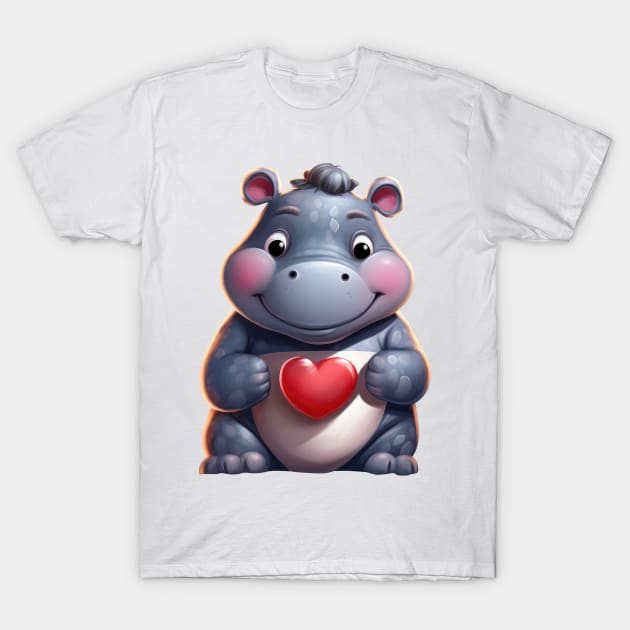 Valentine Hippo Holding Heart T-Shirt by Chromatic Fusion Studio